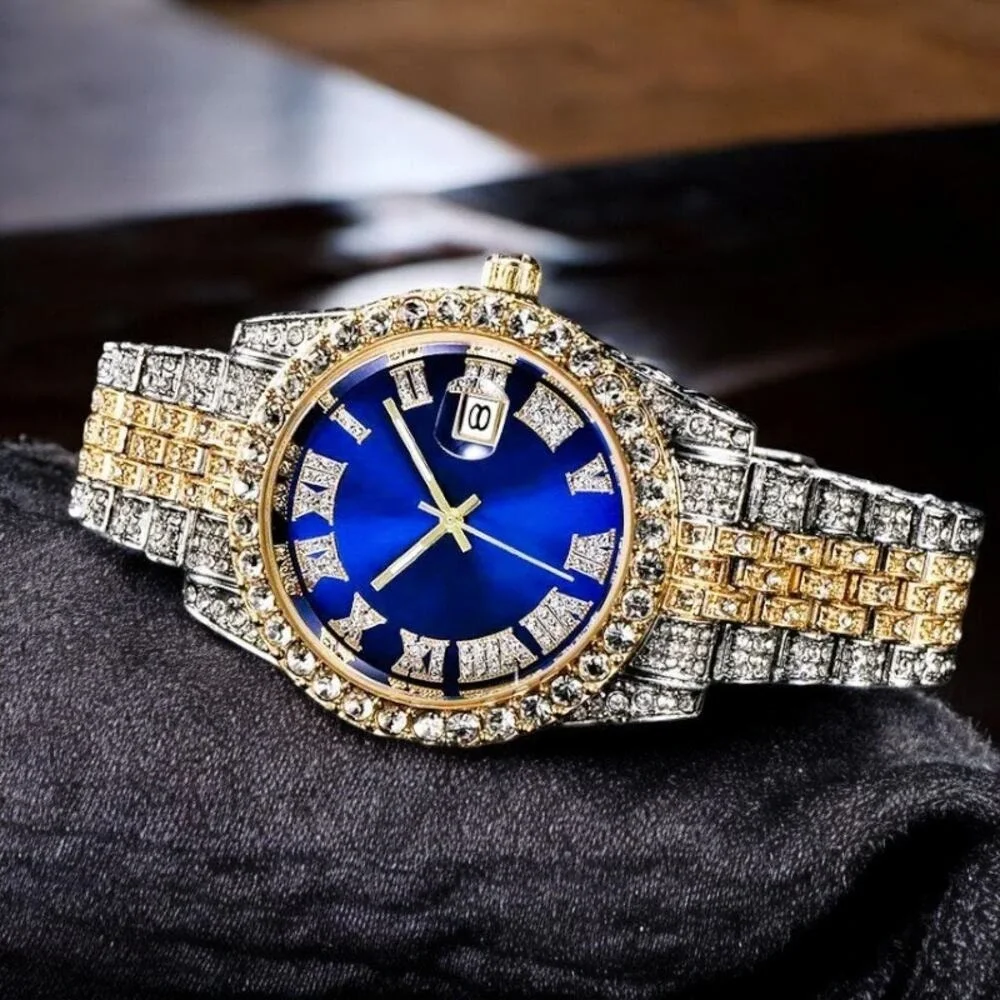 Watch Men Silver, Blue & Gold Rhinestones with Blue Face Roman‎ Scale Calendar